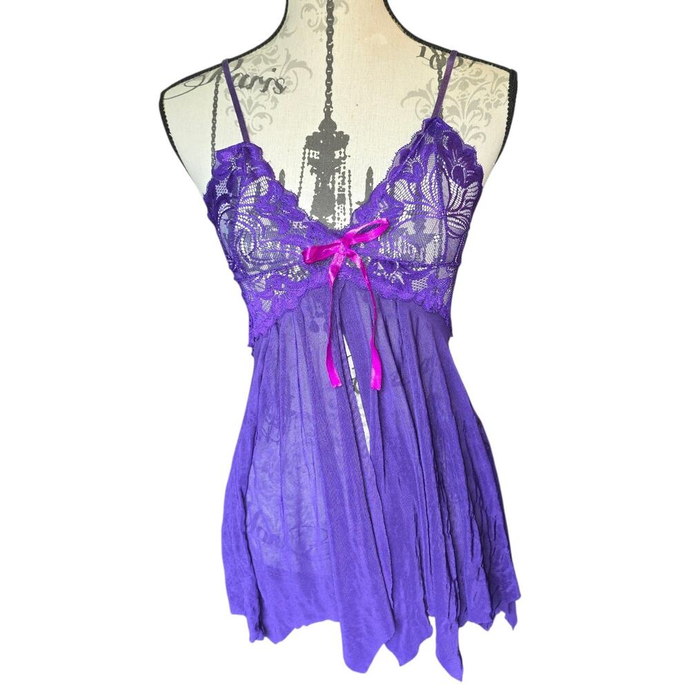 Y2k Coquette Style Purple Sheer Mesh Lace Lingerie Babydoll Chemise Size M